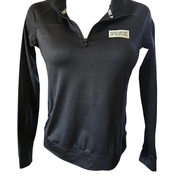 PINK Victoria's Secret Black Quarter Zip Pullover Sweatshirt Top Size S - Picture 3 of 7